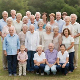 A large, cheerful family of 30 people, spanning multiple generations, from adorable babies to venerable elders. They're grouped together, depicting unity and love, against a background of a spacious outdoor location.