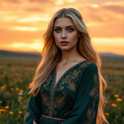 A beautiful woman with long, flowing blonde hair and piercing blue eyes stands confidently in the setting sun