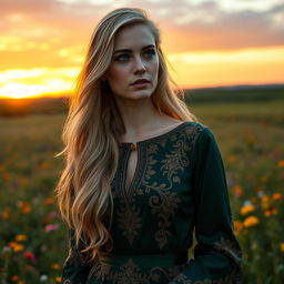 A beautiful woman with long, flowing blonde hair and piercing blue eyes stands confidently in the setting sun