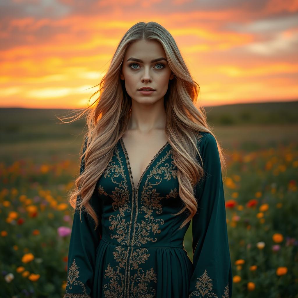 A beautiful woman with long, flowing blonde hair and piercing blue eyes stands confidently in the setting sun