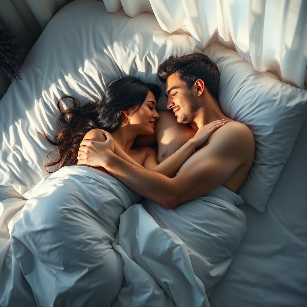 A serene and intimate portrayal of a loving couple lying in bed, wrapped tenderly in each other's arms