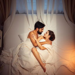 A serene and intimate portrayal of a loving couple lying in bed, wrapped tenderly in each other's arms