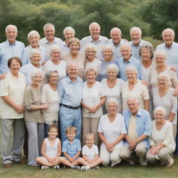 A large, cheerful family of 30 people, spanning multiple generations, from adorable babies to venerable elders. They're grouped together, depicting unity and love, against a background of a spacious outdoor location.