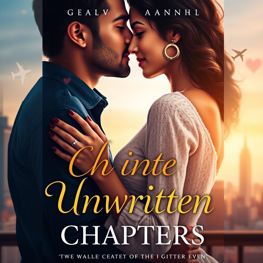 A romantic book cover titled 'Unwritten Chapters' featuring a couple, Gaurav and Aanshi, in an intimate embrace against an urban backdrop