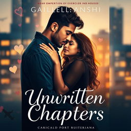 A romantic book cover titled 'Unwritten Chapters' featuring a couple, Gaurav and Aanshi, in an intimate embrace against an urban backdrop