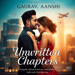 A romantic book cover titled 'Unwritten Chapters' featuring a couple, Gaurav and Aanshi, in an intimate embrace against an urban backdrop