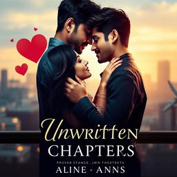 A romantic book cover titled 'Unwritten Chapters' featuring a couple, Gaurav and Aanshi, in an intimate embrace against an urban backdrop