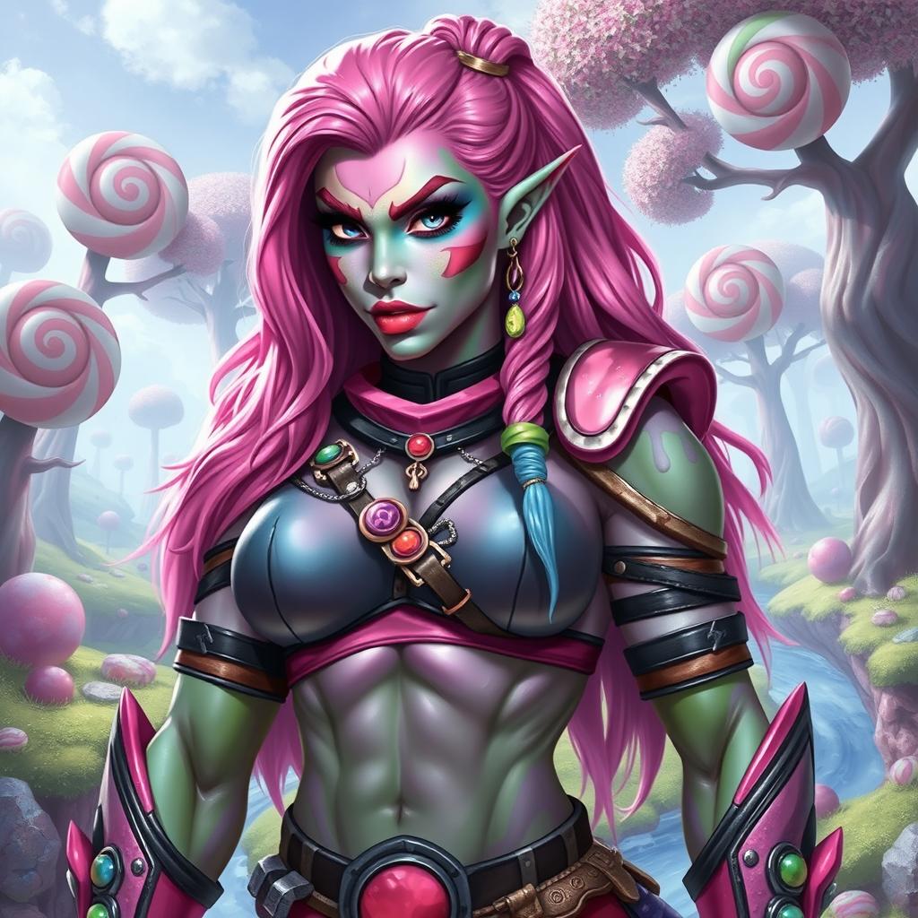 A stunning female half-orc with vibrant candy-colored skin, blending shades of pink, blue, and green