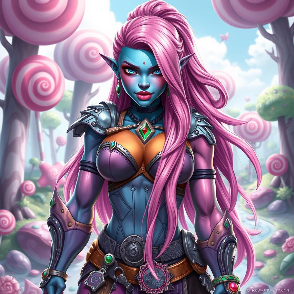 A stunning female half-orc with vibrant candy-colored skin, blending shades of pink, blue, and green