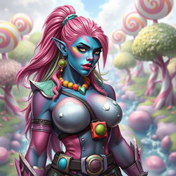 A stunning female half-orc with vibrant candy-colored skin, blending shades of pink, blue, and green