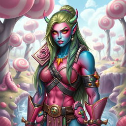 A stunning female half-orc with vibrant candy-colored skin, blending shades of pink, blue, and green