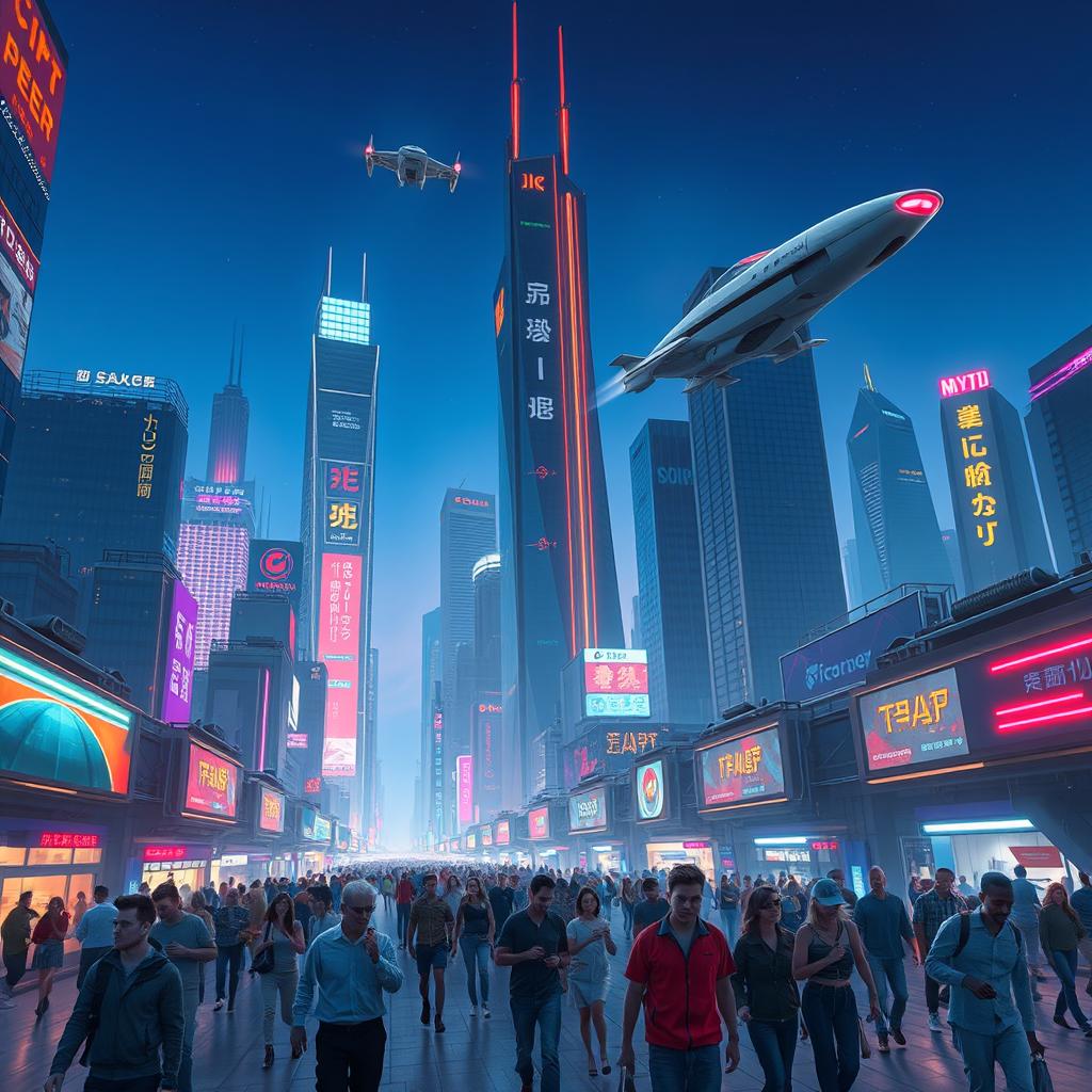 Create an image of a futuristic cityscape with towering skyscrapers, vibrant neon lights, and flying cars zooming through the sky