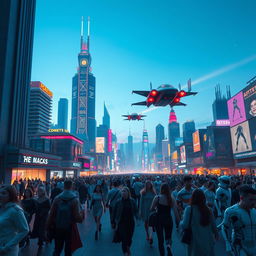 Create an image of a futuristic cityscape with towering skyscrapers, vibrant neon lights, and flying cars zooming through the sky