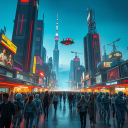 Create an image of a futuristic cityscape with towering skyscrapers, vibrant neon lights, and flying cars zooming through the sky