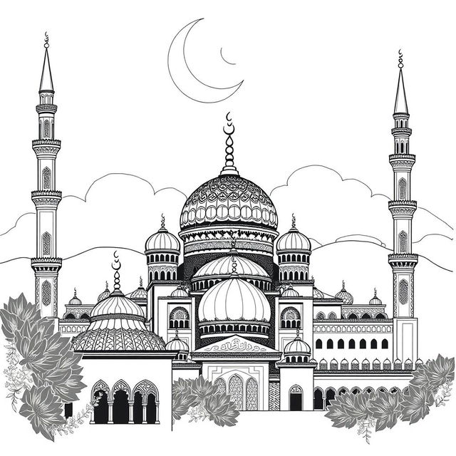 Monochrome Islamic illustrations in black and white, capturing the serenity and elegance of Islamic art