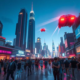 Create an image of a futuristic cityscape with towering skyscrapers, vibrant neon lights, and flying cars zooming through the sky