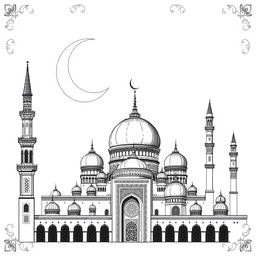 Monochrome Islamic illustrations in black and white, capturing the serenity and elegance of Islamic art