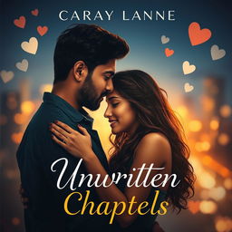 A romantic drama book cover for 'Unwritten Chapters', showcasing a couple, Gaurav and Aanshi, in a close, intimate embrace