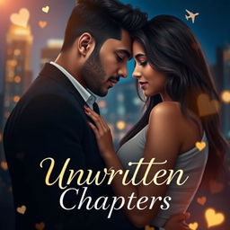 A romantic drama book cover for 'Unwritten Chapters', showcasing a couple, Gaurav and Aanshi, in a close, intimate embrace