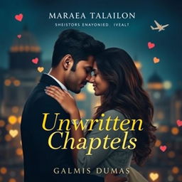 A romantic drama book cover for 'Unwritten Chapters', showcasing a couple, Gaurav and Aanshi, in a close, intimate embrace