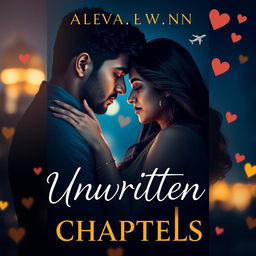 A romantic drama book cover for 'Unwritten Chapters', showcasing a couple, Gaurav and Aanshi, in a close, intimate embrace