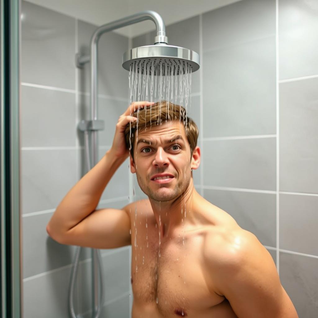 A person standing in the bathroom, opening a shower with low water pressure