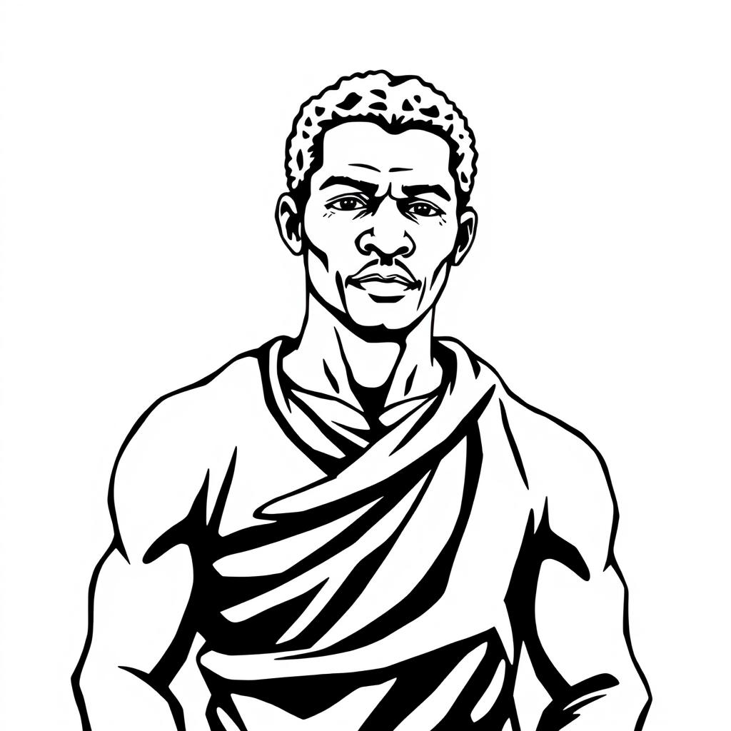 A simple, black and white illustration of a black slave from the 18th century, showcasing his strength and resilience