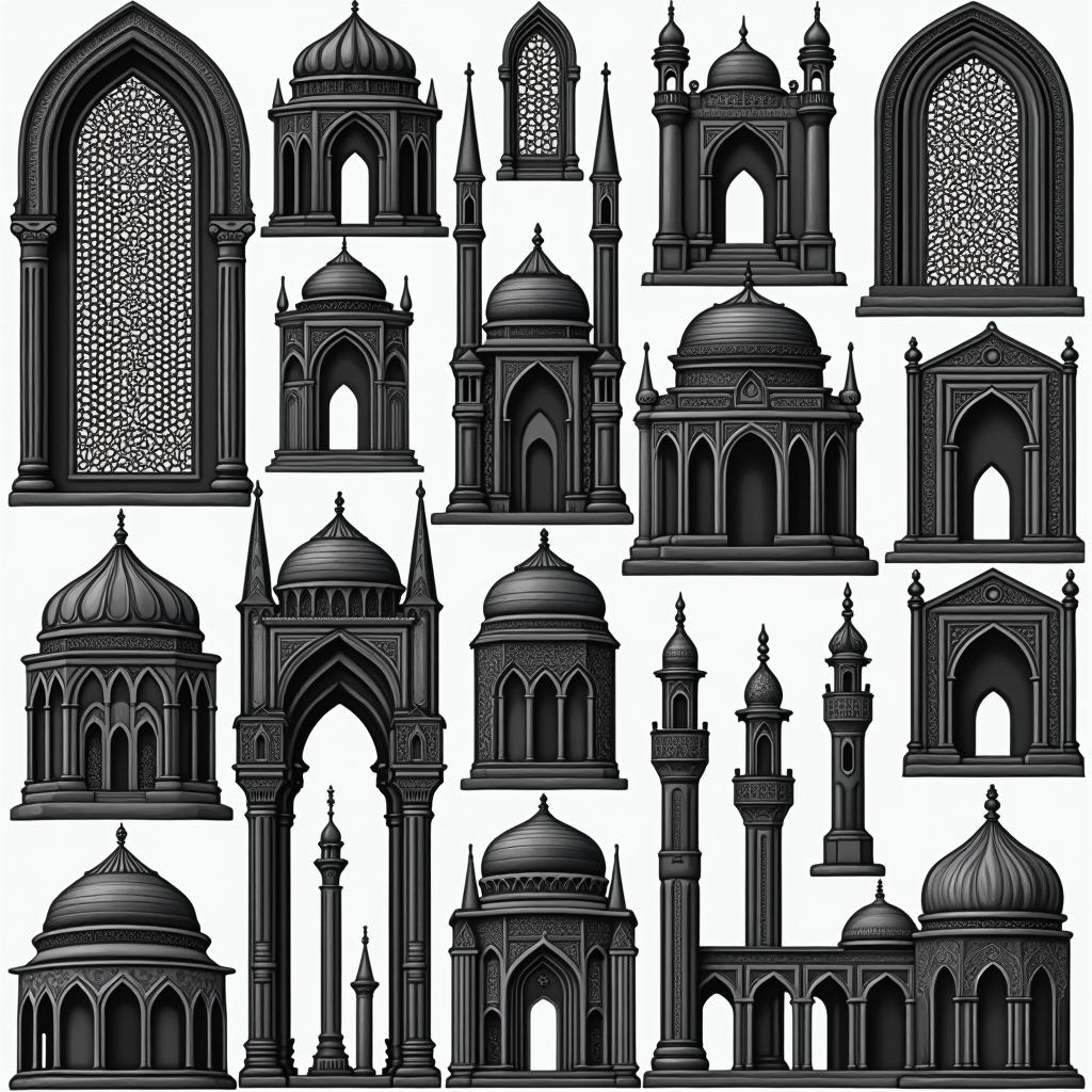 A collection of black and white Gothic Islamic artwork, featuring intricate geometric patterns and calligraphy