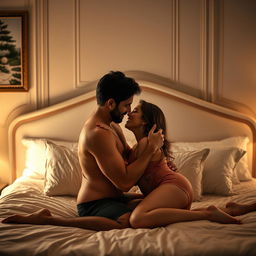 A couple engaged in an intimate, passionate embrace on a bed, with soft lighting creating a warm and romantic atmosphere