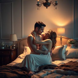 A couple engaged in an intimate, passionate embrace on a bed, with soft lighting creating a warm and romantic atmosphere