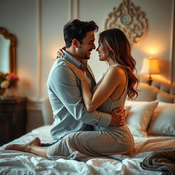 A couple engaged in an intimate, passionate embrace on a bed, with soft lighting creating a warm and romantic atmosphere