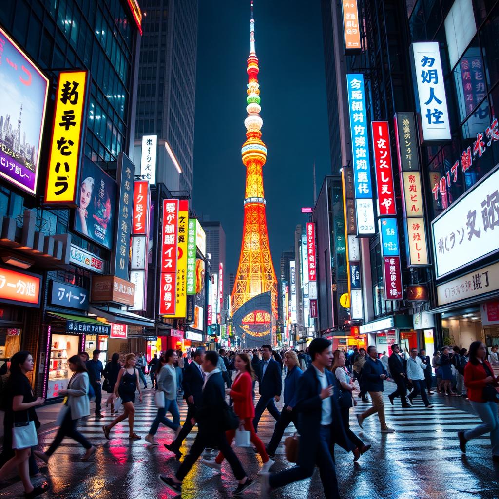 A vibrant and dynamic street scene in Tokyo at night, bustling with people, neon signs illuminating the surroundings with various colors and advertisements, a sense of motion and energy as people cross a busy intersection