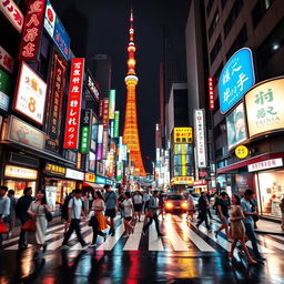 A vibrant and dynamic street scene in Tokyo at night, bustling with people, neon signs illuminating the surroundings with various colors and advertisements, a sense of motion and energy as people cross a busy intersection