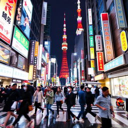 A vibrant and dynamic street scene in Tokyo at night, bustling with people, neon signs illuminating the surroundings with various colors and advertisements, a sense of motion and energy as people cross a busy intersection