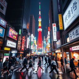 A vibrant and dynamic street scene in Tokyo at night, bustling with people, neon signs illuminating the surroundings with various colors and advertisements, a sense of motion and energy as people cross a busy intersection