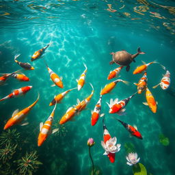 A mesmerizing underwater scene featuring a school of colorful koi fish swimming gracefully in a crystal-clear pond