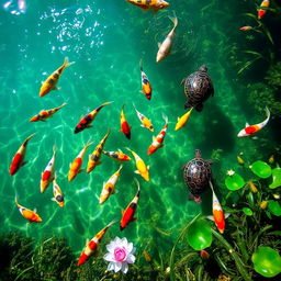 A mesmerizing underwater scene featuring a school of colorful koi fish swimming gracefully in a crystal-clear pond