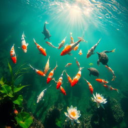 A mesmerizing underwater scene featuring a school of colorful koi fish swimming gracefully in a crystal-clear pond