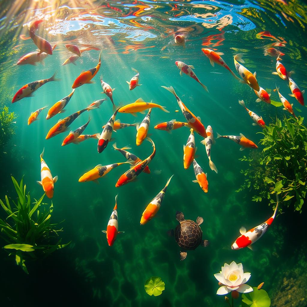 A mesmerizing underwater scene featuring a school of colorful koi fish swimming gracefully in a crystal-clear pond