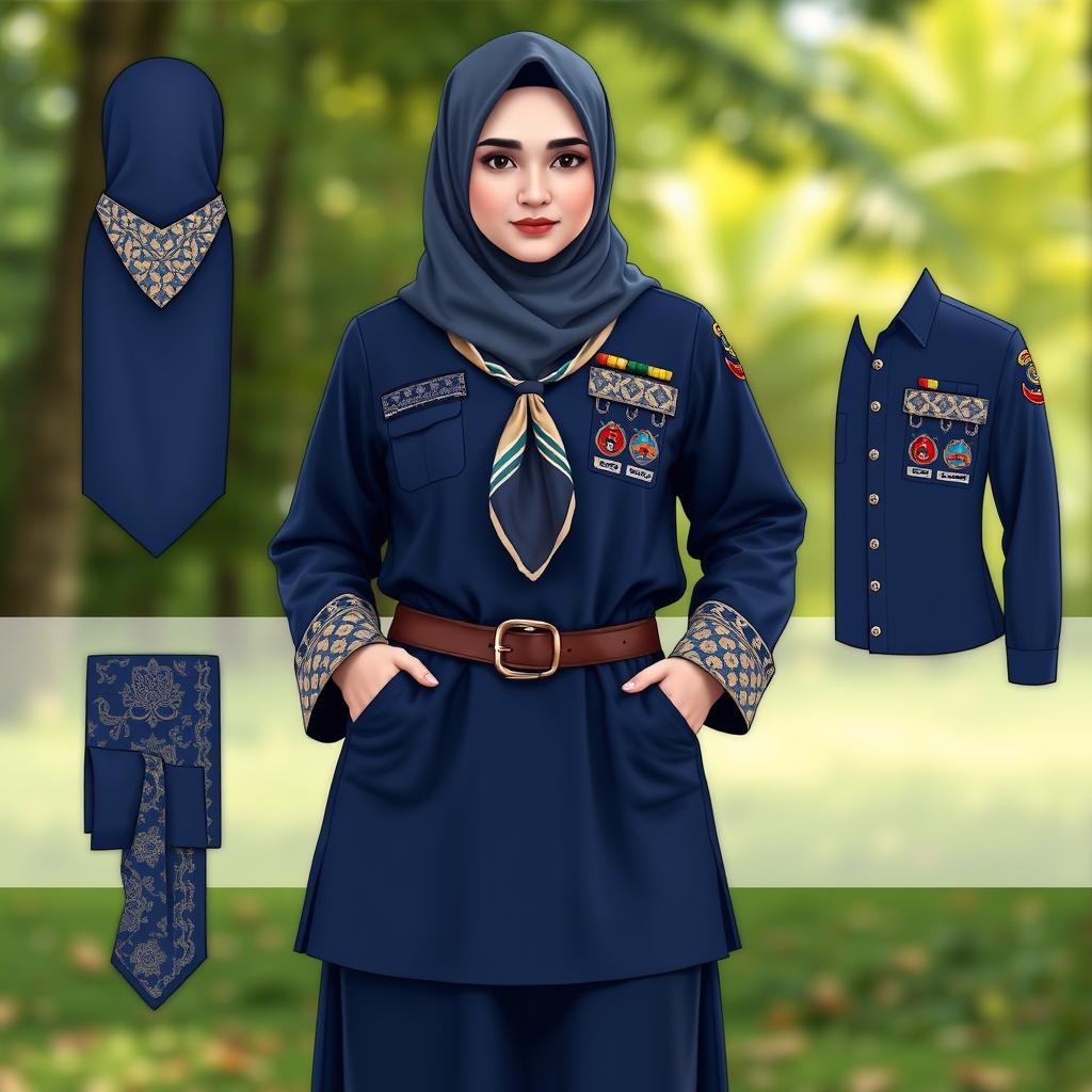 A detailed design of an Islamic scout uniform for adult women, featuring long sleeves and a modest cut