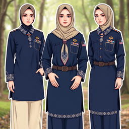 A detailed design of an Islamic scout uniform for adult women, featuring long sleeves and a modest cut