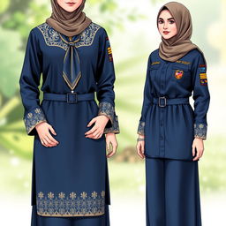 A detailed design of an Islamic scout uniform for adult women, featuring long sleeves and a modest cut