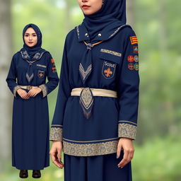 A detailed design of an Islamic scout uniform for adult women, featuring long sleeves and a modest cut