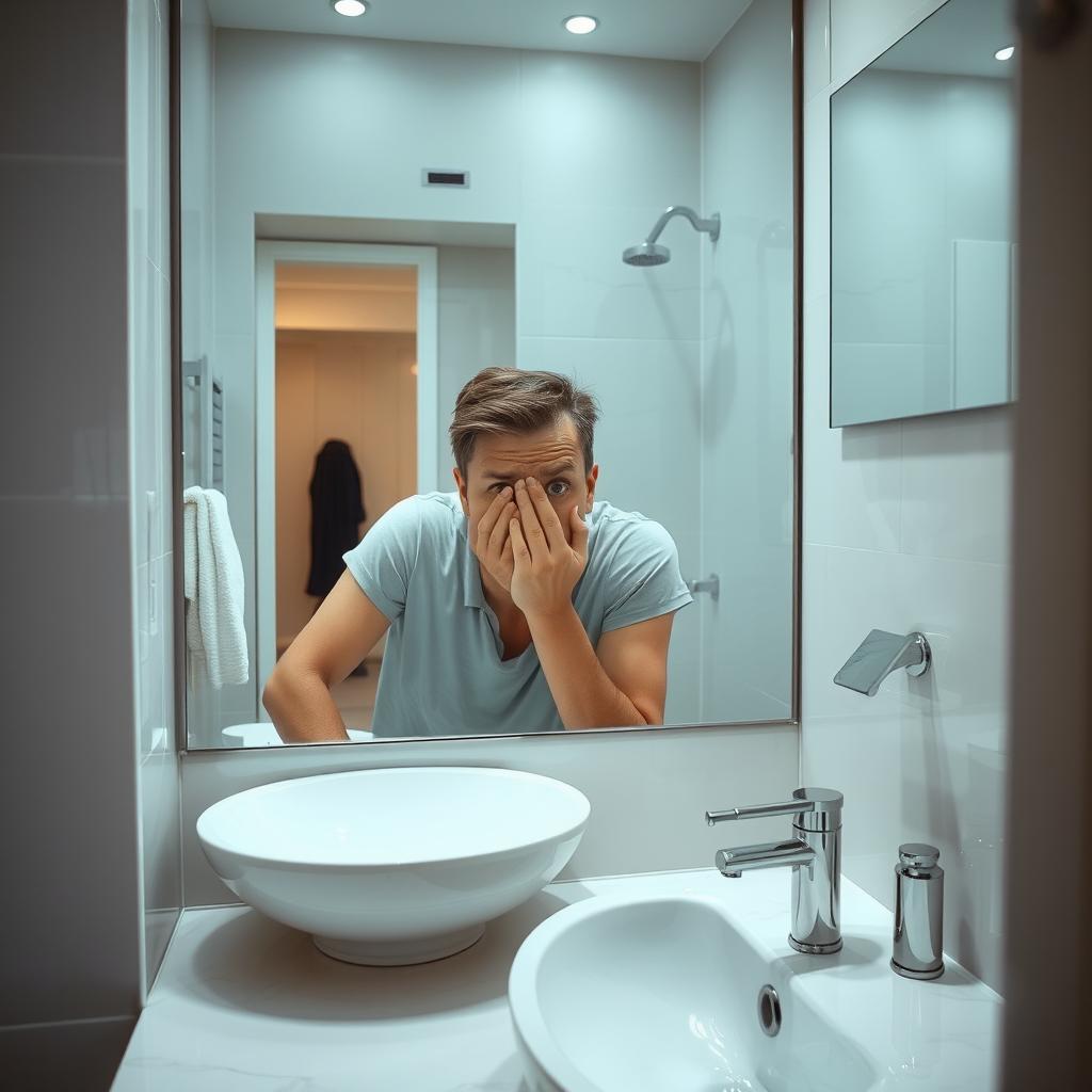 A person in a clean, modern bathroom, looking disgusted as they cover their nose due to a bad smell of sewage coming from the drain