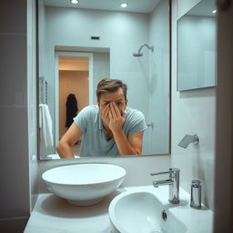 A person in a clean, modern bathroom, looking disgusted as they cover their nose due to a bad smell of sewage coming from the drain