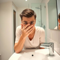 A person in a clean, modern bathroom, looking disgusted as they cover their nose due to a bad smell of sewage coming from the drain