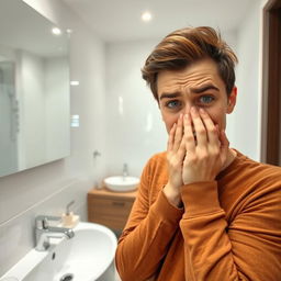 A person in a clean, modern bathroom, looking disgusted as they cover their nose due to a bad smell of sewage coming from the drain