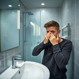 A person in a clean, modern bathroom, looking disgusted as they cover their nose due to a bad smell of sewage coming from the drain