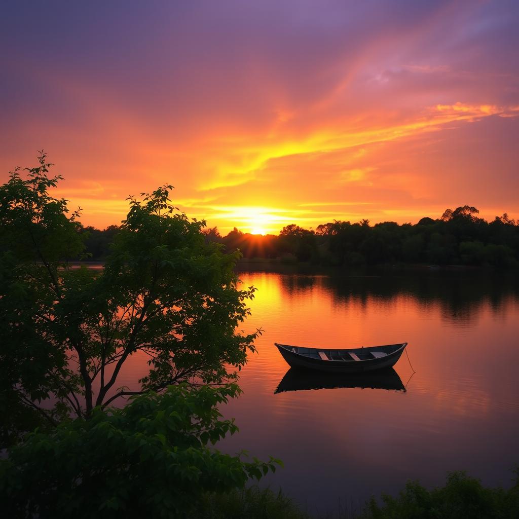 A serene landscape with a beautiful sunset over a calm lake