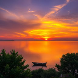 A serene landscape with a beautiful sunset over a calm lake